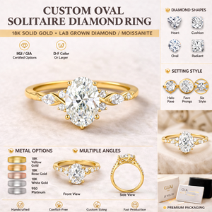 Oval Cut Moissanite Engagement Ring 14K/18K Gold Leaf Side <b>Stones</b> Rhodium Plated Prong & Pave Setting Bridal Wedding Ring - Product Image 6