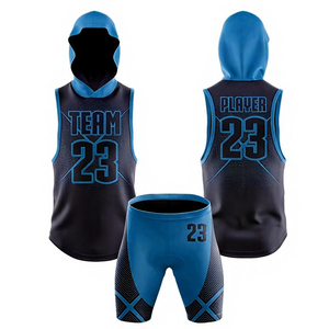 Ensemble short et débardeur à capuche personnalisé sublimé noir et bleu roi, uniforme de basketball d'équipe, maillot de joueur, tenue de sport unisexe adulte - Product Image 1