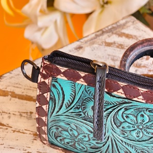 Venus Leathers Were Fashion <b>Single</b> Western Handmade Letter Pattern Floral Genuine Leather Crossbody Purse Zipper Closure 45-55cm - Product Image 4