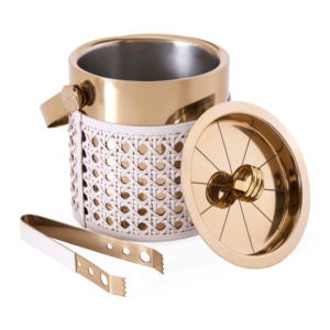 Juego de Cubitera Redonda Dorada con Tapa y Pinzas, Asa de Cuero Trenzado, Enfriador de Champán Aislado - Product Image 1