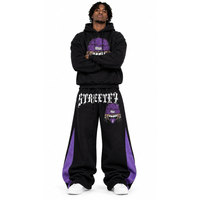Survêtement à capuche streetwear noir et violet, délavé à l'acide, longueur intégrale, en coton, coupe classique, taille élastique, poches latérales, hiver, adulte