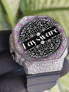 Luxury Iced Out VVS Moissanite Diamond <b>Watch</b> Pink Gemstone Bezel <b>Black</b> Rubber Strap Analog Digital Hip Hop Unisex <b>Watch</b> - Product Image 5