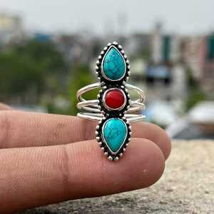 Bague artisanale en argent sterling 925 avec turquoise bleue et corail rouge, pierres multicolores, bijoux fantaisie en pierres précieuses opaques, vente en gros - Product Image 6