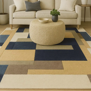 Alfombra de Lana Geométrica de Lujo Hecha a Mano, Alfombra Moderna Abstracta Antideslizante en Azul Marino, Beige y Marrón para Decoración de Sala de Estar - Product Image 1