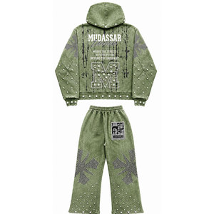 Ensemble de survêtement décontracté d'hiver 100% coton avec fermeture éclair, motif géométrique, strass, 450 GSM - Product Image 6