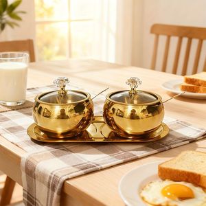Luxury sugar container set gold kitchen jar set <b>spice</b> container set with <b>tray</b> condiment jar with lid spoon sugar bowl - Product Image 1
