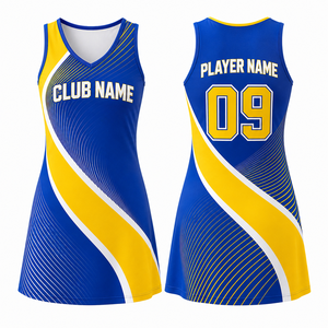 Uniforme de Netball Personalizado para Mujer, Sin Mangas, Azul y Amarillo, Impresión por Sublimación, Transpirable, 100% Poliéster, Vestido sin Costuras, Talla XS - Product Image 1