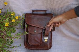 <b>Leather</b> <b>Satchel</b> Tablet Bag <b>Leather</b> Saddle Purse Small Shoulder for <b>Men</b> and Women Unisex Real Goat <b>Leather</b> Bag - Product Image 2