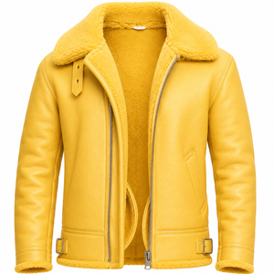 Mens Coated Stand Collar Hooded Breathable Windproof Yellow <b>Shearling</b> <b>Aviator</b> Leather <b>Jacket</b> - Product Image 3
