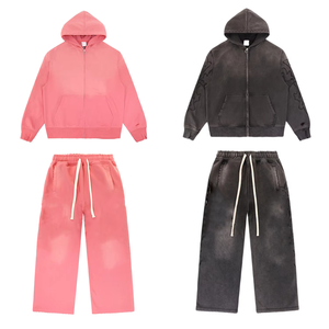 Survêtement à capuche décontracté brodé en molleton épais 100 % coton délavé style vintage, coupe oversize, pour la vente en gros - Product Image 1