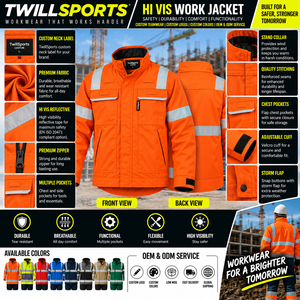 <b>Hi</b> <b>Vis</b> Men's Reflective Work <b>Jacket</b> <b>Orange</b> Polyester Safety Uniform with Silver Stripes for Construction Outdoor Use - Product Image 6