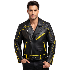 Men Black <b>Biker</b> <b>Jacket</b> Yellow Piping Asymmetrical Zip Quilted Shoulder Belted Moto Fashion Streetwear <b>Jacket</b> - Product Image 1