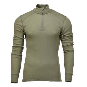 Haut de base à manches longues vert olive avec fermeture éclair quart de tour, en polyester extensible, idéal pour les activités de plein air - Product Image 1