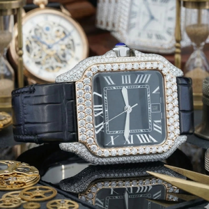 Top Rating <b>Square</b> Case Only Bezel Moissanite Diamond Black Leather Band Roman Numerals Fashion <b>Man's</b> Half Iced out Jewelry - Product Image 6