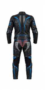 Ensemble veste et pantalon de moto en cuir noir et bleu pour homme, combinaison de moto coupe-vent - Product Image 2