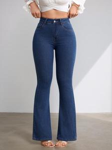 Jean évasé taille haute en denim pour femme, longueur intégrale, couleur unie, boutonnage frontal, style décontracté, en coton, collection automne - Product Image 3