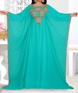 Abaya Larga Casual Bordada en Turquesa para Mujer, Vestido Modesto de Manga Larga para Fiestas y Bodas en el Medio Oriente, Poliéster - Product Image 1