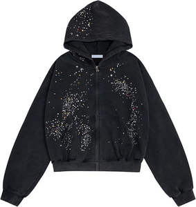 Sudadera con capucha personalizada vintage lavada con cremallera completa y pedrería para hombre y mujer, estilo oversize streetwear Y2K, de algodón pesado con lavado ácido. - Product Image 1