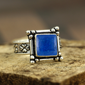 Bague Gourik en argent sterling 925 véritable lapis-lazuli, sertie d'une monture carrée, oxydée, faite à la main, style antique, bijoux pour femmes - Product Image 3