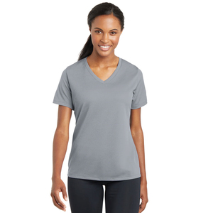 Camiseta de compresión de algodón con cuello en V para mujer, de ajuste ceñido, con logotipo personalizado, de secado rápido y tela transpirable, ideal para el verano. - Product Image 4