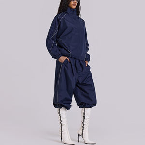Conjunto Deportivo de Dos Piezas para Mujer, 100% Algodón, Elástico, Cuello en V, Estilo Hip Hop, Forro Polar, Transpirable, para Invierno - Product Image 1