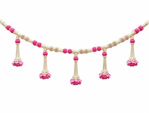 Handmade Pearl <b>Beaded</b> <b>Door</b> Hanging Toran with Pink Flower Tassels - Product Image 1