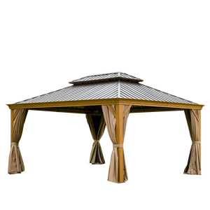 Gazebo in Alluminio Effetto Legno 12 X 16 con Tetto Rigido, Doppio Baldacchino in Acciaio Zincato e Tende per Esterni, Terrazze e Pergole - Product Image 1