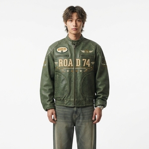 <b>Mens</b> Olive Green Distressed Leather Bomber <b>Jacket</b> Road 74 Embroidered Wing Patch Flight Outerwear Darkry Custom Factory Coat - Product Image 1