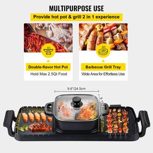 Grill Elettrico 2-in-1 da Interno con Hot Pot 2400W, Piastra BBQ, Griglia Teppanyaki, Doppio Controllo della Temperatura, Spina USA, per Camper - Product Image 3