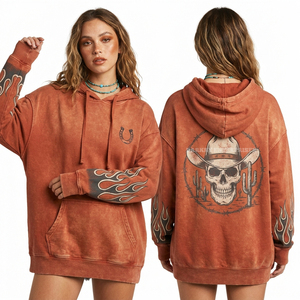 Sudadera con capucha corta Voodoo Skull 350GSM naranja óxido con efecto tie-dye para mujer, con gráfico de hueso y bajo sin rematar, estilo streetwear personalizado de fábrica - Product Image 3