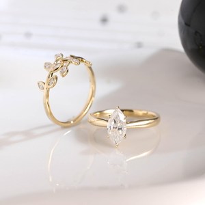 Anillo Solitario de Diamante Corte Marquesa de 1.00CT con Banda Abierta de Hoja y Rama, Oro Sólido de 14K, Diamante Cultivado en Laboratorio, Regalo para Bodas y Fiestas - Product Image 4