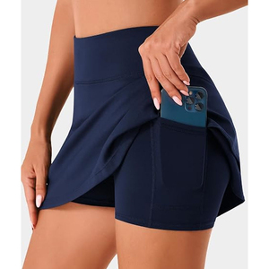 Minifalda Asimétrica de Cintura Alta para Mujer, Color Sólido, Estilo Deportivo Transpirable con Bolsillo, Tejido de Punto de Poliéster y Spandex Azul - Product Image 1