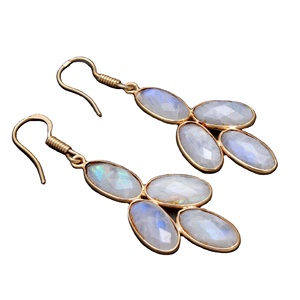 Wholesale 925 Sterling Silver Women's Handmade Stone <b>Earrings</b> 8X14MM Rainbow <b>Moonstone</b> Long Dangling Oval Drop Shape - Product Image 1