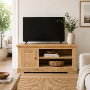 Mueble de TV Moderno de Madera de Teca Sólida con Estantes de Almacenamiento y 1 Puerta para Sala de Estar, Modelo CAB18 - Product Image 1