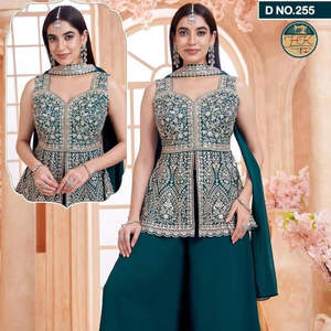 Traje Palazzo Verde Oscuro Bordado para Mujer con Kurta Peplum de Diseñador y Dupatta para Bodas - Product Image 2