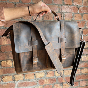 Distressed Genuine Leather Laptop <b>Bag</b> for <b>Men</b> Vintage Brown Dual Front Pockets Rustic Satchel <b>Messenger</b> Crossbody Travel - Product Image 5