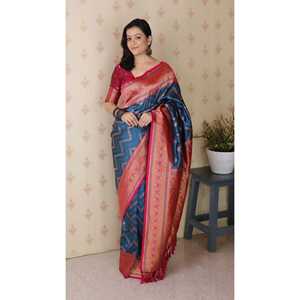 Robe de soirée en soie douce bleu denim Elite Weaves Banarasi, sari tissé ZigZag Meenakari Zari 650g - Product Image 6