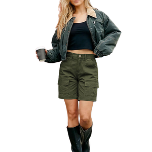 Shorts Casuales de Verano para Mujer, Cintura Alta Elástica, Cierre de Cremallera, Bolsillos, Transpirables, de Secado Rápido, 100% Algodón, Estilo Cargo - Product Image 5