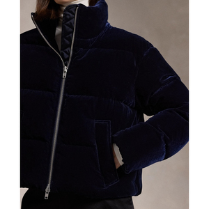 Women's Velvet <b>Quilted</b> Puffer <b>Jacket</b> Stand Collar Full Sleeve Short Winter Coat Thick Warm Pullover Style Solid Color - Product Image 3