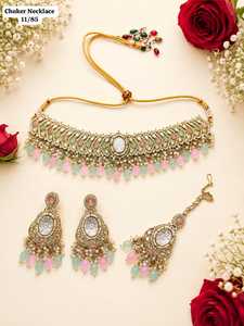 Premium Pink Kundan <b>Emerald</b> Cut Choker Necklace <b>Set</b> Antique Gold Plated Pearl Beaded Earrings Maang Tikka Indian Wedding <b>Jewelry</b> - Product Image 1