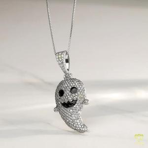 High Shine Ghost Inspired Pendant <b>Necklace</b> Featuring Moissanite Diamonds In <b>Solid</b> 925 <b>Silver</b> Hip Hop Jewelry - Product Image 2