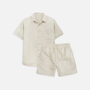Conjunto de Camisa de Manga Corta y Pantalones Cortos de Algodón Blanco para Hombre, Atuendo Casual de Verano, Cuello Camisero, Transpirable, Color Sólido, Logotipo Frontal - Product Image 2