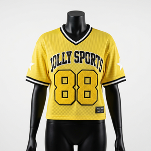 Women Football Jersey 180 GSM Premium Breathable <b>Mesh</b> Yellow Contrast Rib Collar Star Sleeve Custom Logo - Product Image 4