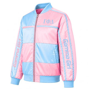 เสื้อแจ็คเก็ตเบสบอลหญิง Gamma Phi Delta Sorority รุ่น Gamma Girl สีน้ำเงินและชมพู แบบมีซิปด้านหน้า พร้อมโลโก้ - Product Image 3