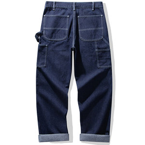 Pantalon de travail en denim droit pour homme, 100% coton lavé, multi-poches, taille haute, fermeture boutonnée, respirant, séchage rapide - Product Image 2