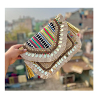 Tas Clutch Wanita Gaya Bohemian India, Kapasitas Besar, Buatan Tangan, Model Amplop, Untuk Acara Malam & Belanja, Berhias Manik-Manik, Bahan Kanvas, Penutup Ritsleting