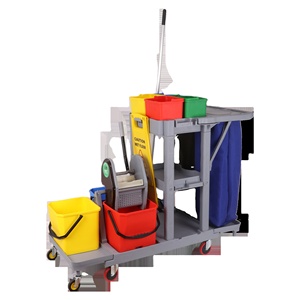 Janitorial Cart With 3 Shelves Partially Enclosed <b>Plastic</b> Frame 4 Swivel Casters Built-In Shelf Red <b>Bucket</b> Included - Product Image 4