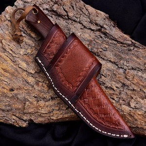 Couteau utilitaire à lame fixe en acier zingué, manche en bois de qualité industrielle, fourreau en cuir horizontal, lame pleine longueur pour la chasse - Product Image 5