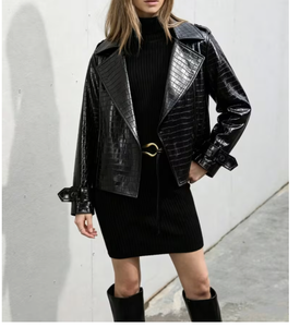 Chaqueta de Cuero PU Negra con Cuello Camisero, Cierre de Cinturón, Estilo <span class=keywords><strong>Moto</strong></span>, Corta, Unisex, Ropa de Abrigo de Otoño, Chaqueta Hecha a Medida - Product Image 5