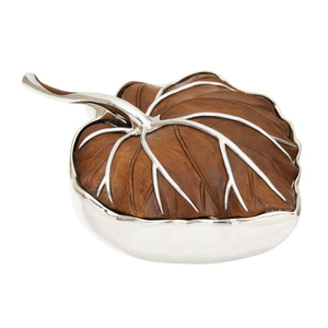 European Most Demanded Silver Shiny Polished Superior Quality Metal Made Leaves Designer Luxury Bowls With Wooden Leaf Top <b>Lid</b> - Product Image 1